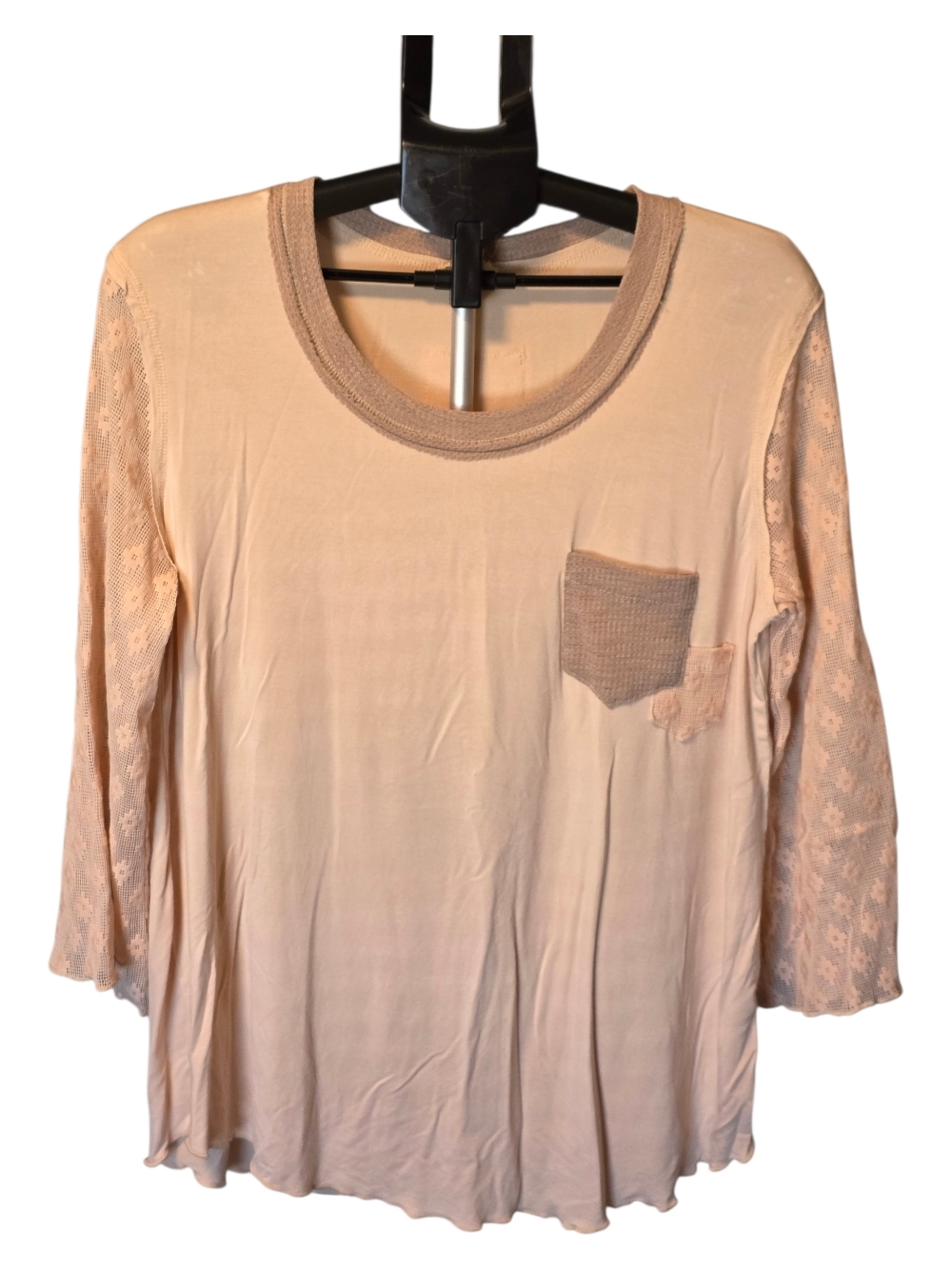 POL Women's Blush Lace-Sleeve Pocket Long Sleeve Tee